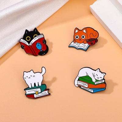 Cartoon Cats With Books Enamel Pin For Women Cute Kitten Animal Bookworm Brooch Lapel Backpack Badge Jewelry Accessories Gifts
