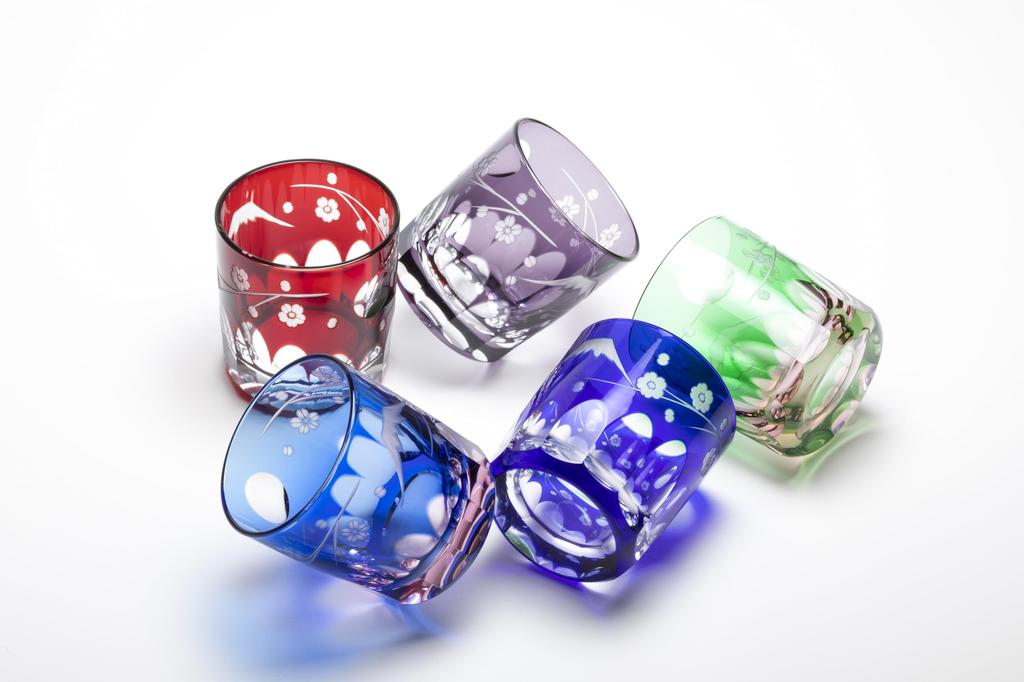 Glass Workshop Saiho Edo Kiriko Shochu Glass Rocks Glass Tumbler Glass Glass Cup Blue Pink Fuji Cherry Blossom Pattern Made In Japan Wooden Box Kiriko