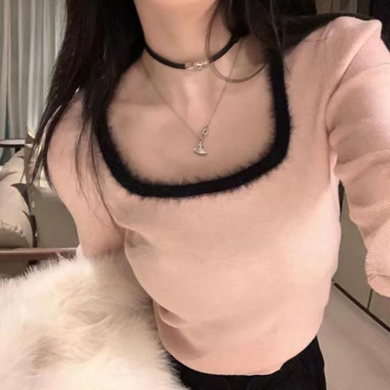 

Розовый элегантный бархатный квадратный воротник свитер женский однотонный сладкий Spice Girl короткий длинный рукав нижняя рубашка топы женская теплая повседневная одежда S розовый