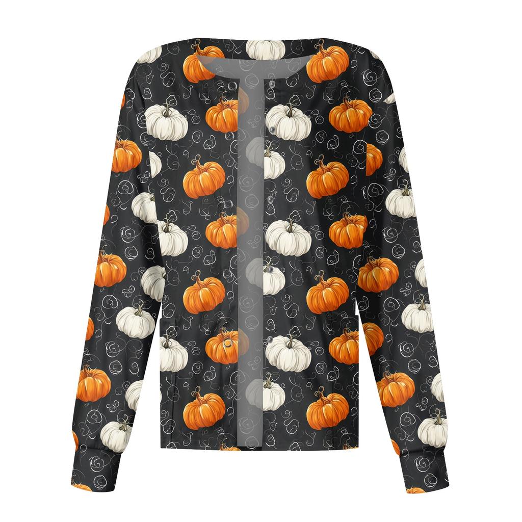 Women's Casual Long Sleeve Button Up Cardigan Halloween Print Lightweight Pullover Sweater for Caregivers and Everyday Wear