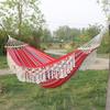 Double Wide Heavy Duty Canvas Hammock With 60cm Wooden Rods Fringe Outdoor Camping Swing Garden Backyard Relaxation