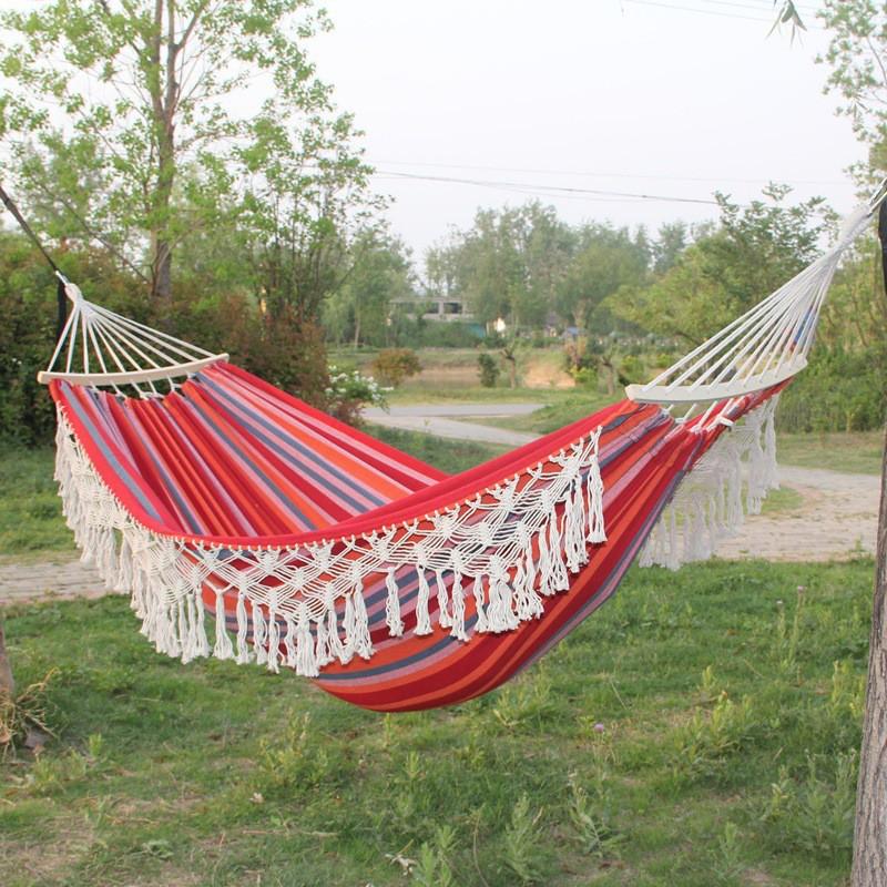 Double Wide Heavy Duty Canvas Hammock With 60cm Wooden Rods Fringe Outdoor Camping Swing Garden Backyard Relaxation