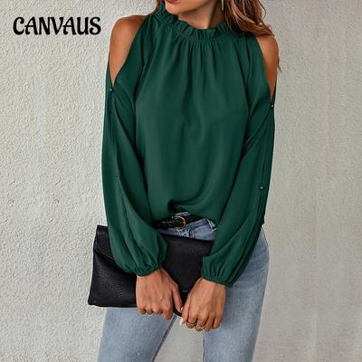 Frühling und Sommer frauen Tops Einfarbig Lotus Blatt Hemd Rundhals Langarm Schrumpfen Plissee Off-schulter Mode bluse