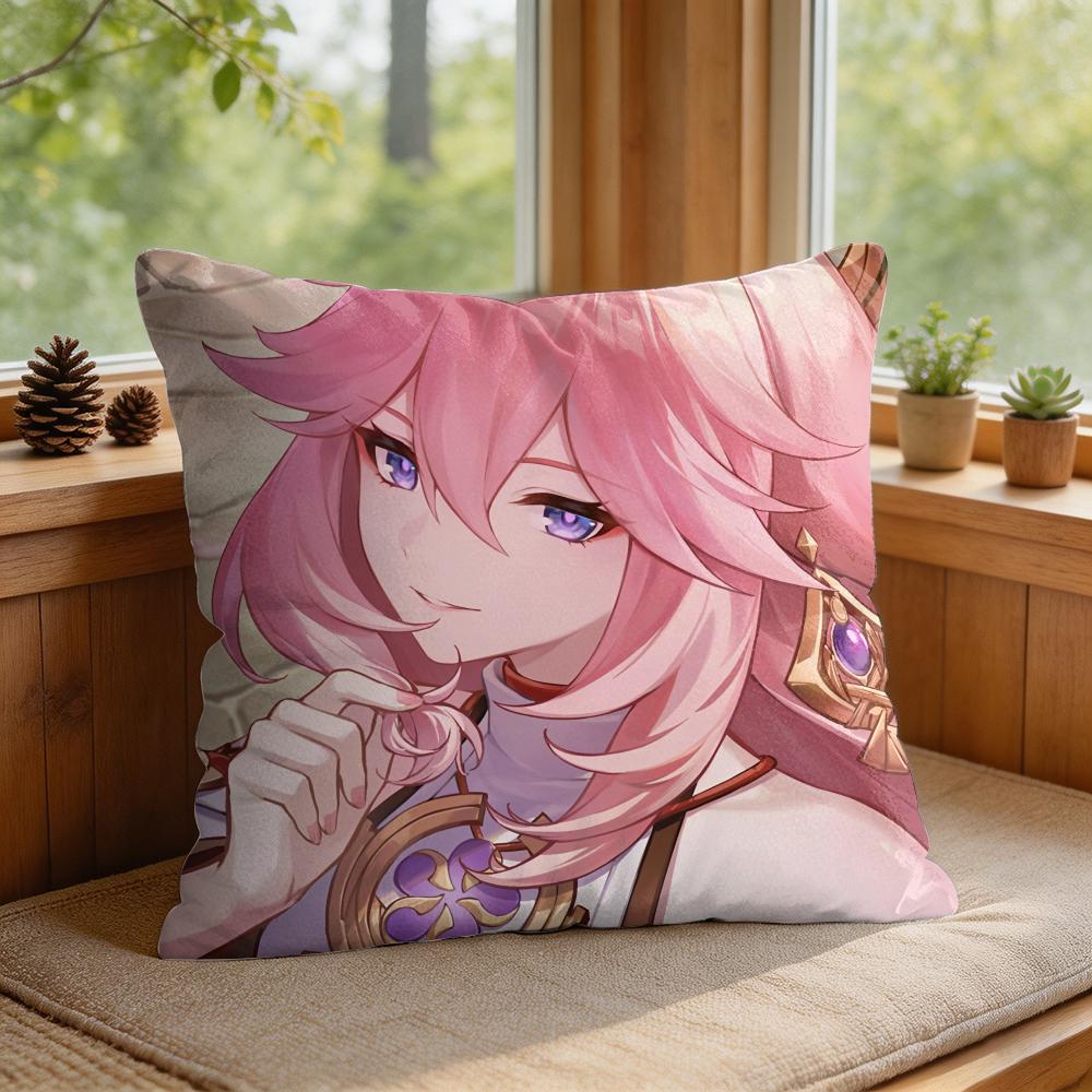 Yae Miko Genshin Impact Cushion Cover Square Short Plush Pillow Case Living Room Sofa Home Decor Funda X