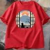 Coffee Cat in Mt Fuji Tshirt Unisex Women Round Neck Short Sleeve Tshirt Japanese Style Printed TShirt Cotton Oversized Tops
