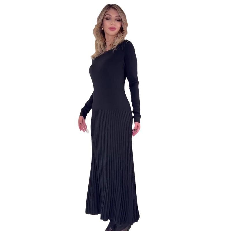 Rochie tricotată plisată, solidă, ușor matură, de toamnă 2024, pentru femei europene și americane