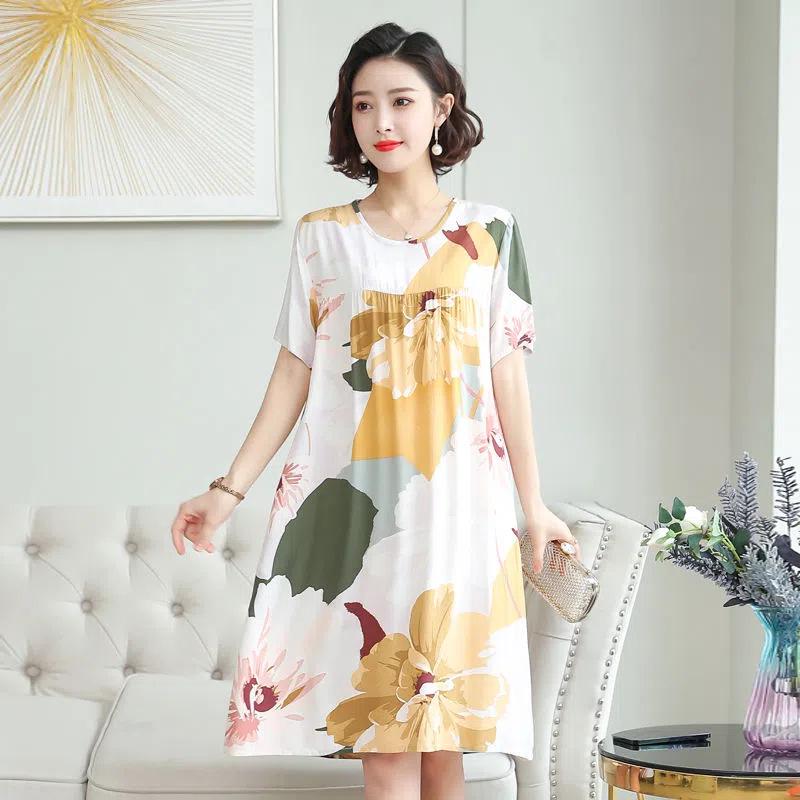 Women's Cotton Silk Mid-Length Nightgown - Summer Pajamas Plus Size Homewear for Middle-Aged and Elderly