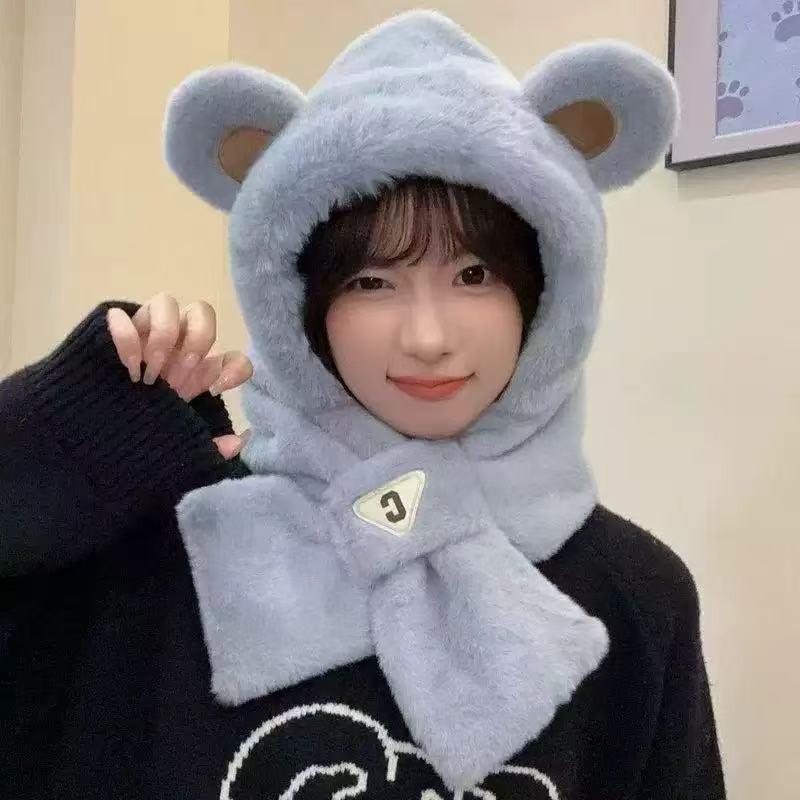 Plush hat scarf integrated women's autumn and winter cute warm ear protection scarf versatile fox ear hat