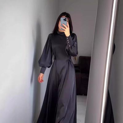 Fall Winter New Elegant Vintage Solid Color Long Sleeve Waist Cinched Bodycon Dress With Belt Evening Party Formal Gown