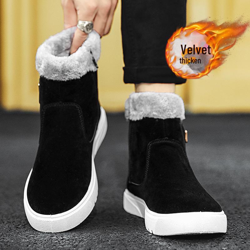 Men's High-Top Snow Boots - Velvet-Lined, Warm Leather, Fur, Slip-On, Winter Cold-Proof.