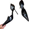 Mode Vente Chaude Printemps 2025 Nouveaux Talons Hauts Femme Sexy Cuir Noir Petite Boucle Carrée Côté Ouvert Élégant Talon Fin Chaussures Simples