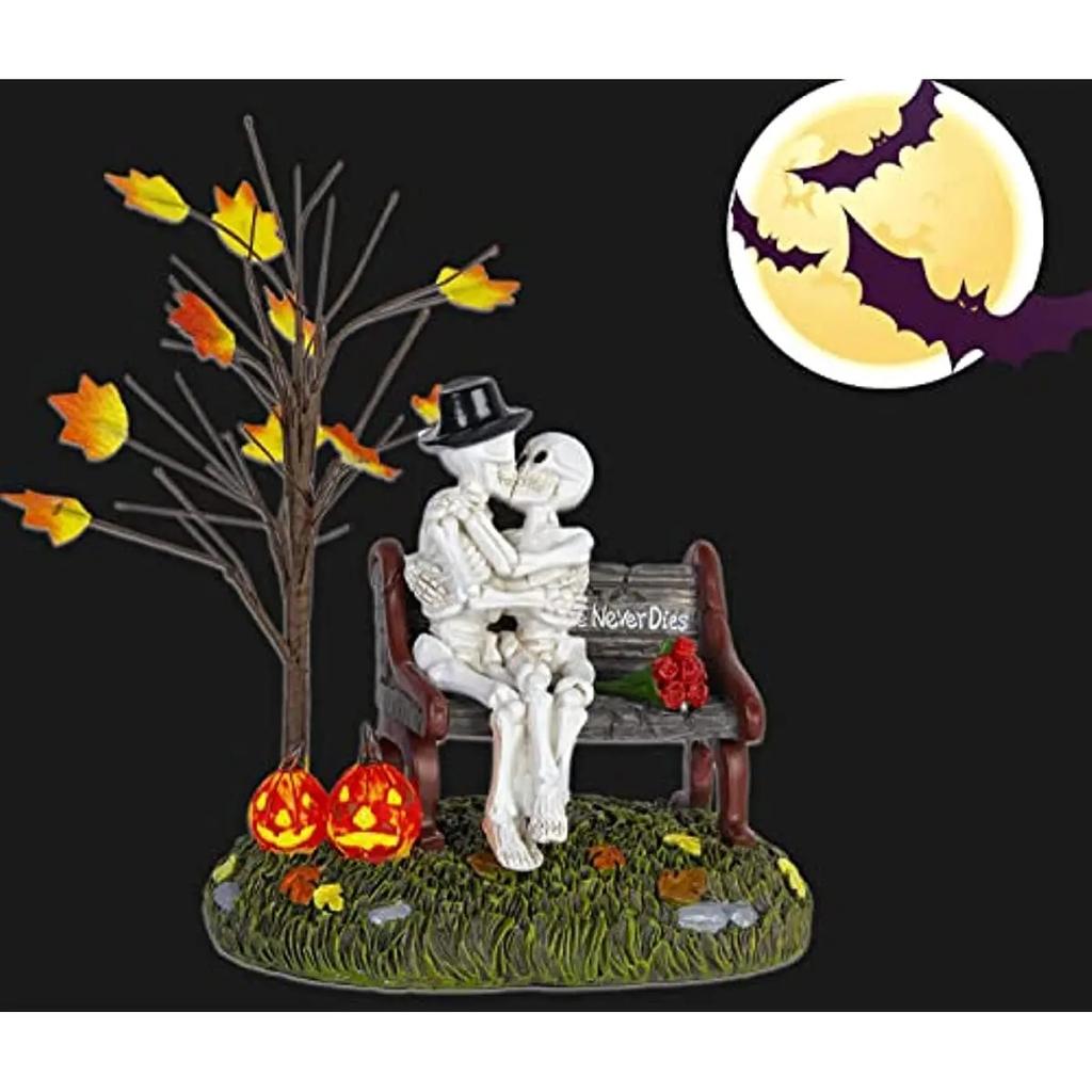 Halloween Village Accessories, Kiss of Death Figurines, Spooky Skeleton and Pumpkin Statue LED Lights Decorations Holiday Gifts