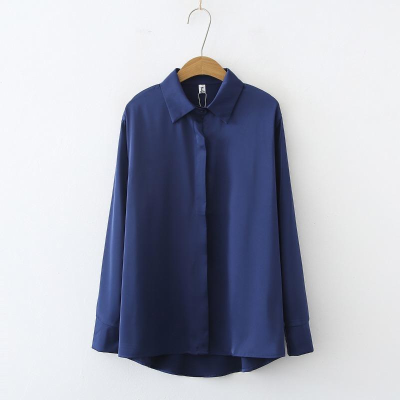 

Атласная женская рубашка с длинными рукавами, стильный высококачественный дизайн, нишевая профессиональная одежда, приталенный топ для поездок на работу L тёмно-синий