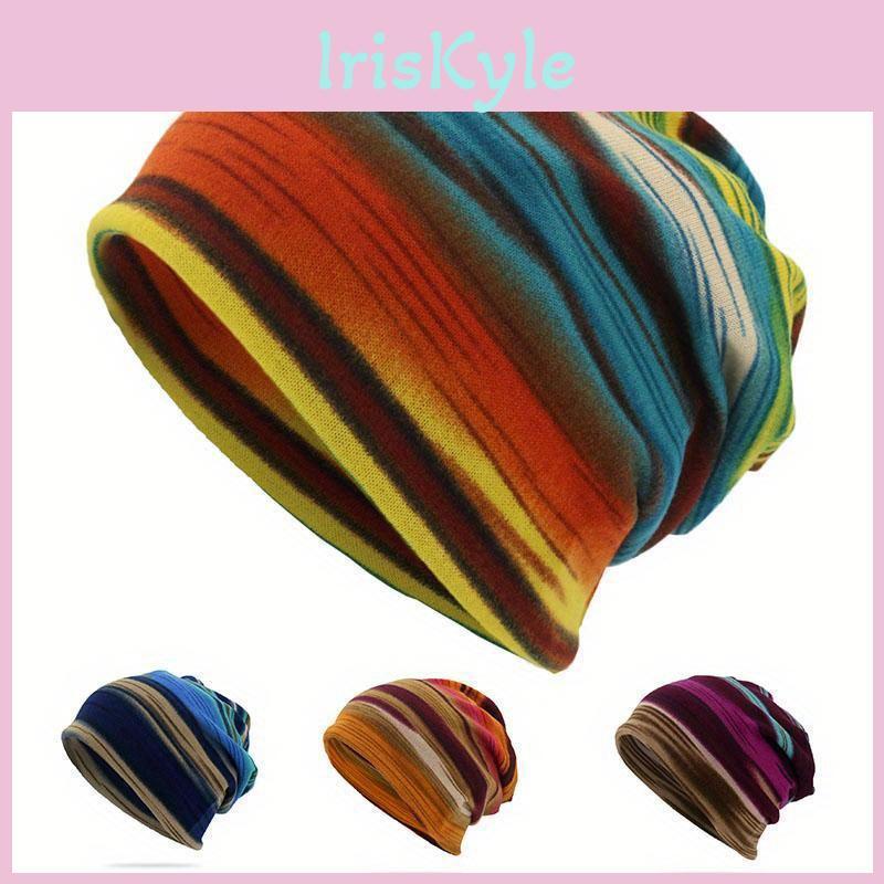 Czapka Paski Miękka Tęczowa Czapki Zimowe Cienko Dzianinowa Na Zewnątrz Ciepła Czapka Beanie Pulower Czapka Podwójnego Użycia Damska Codzienna Czapka