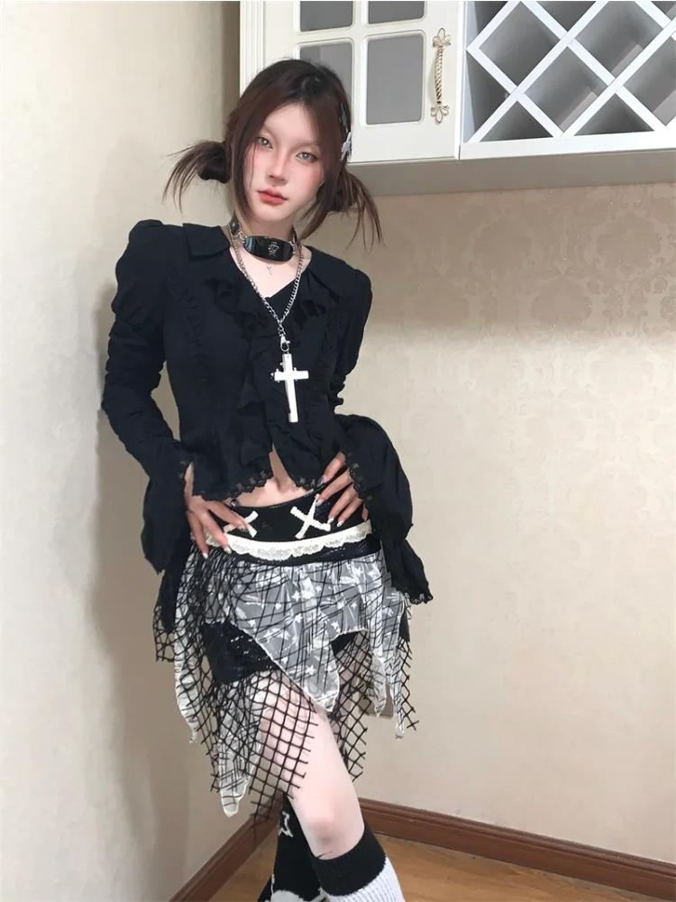 Lolita Vintage Gothic Lace Shirts Women Y2k Dark Aesthetic Irregular Blouses Yamamoto Style Grunge Flare Sleeve Shirt