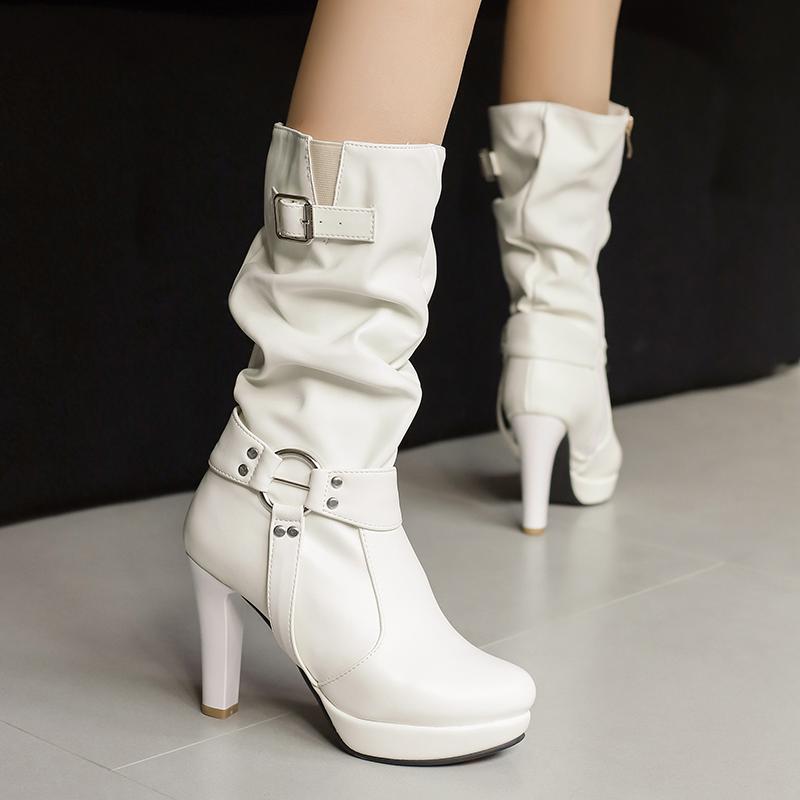 Women's Mid Calf Pleated Boots Black White Slouch Boots Belt Buckles Platform Shoes 10cm Comfy Chunky Heels Footwear