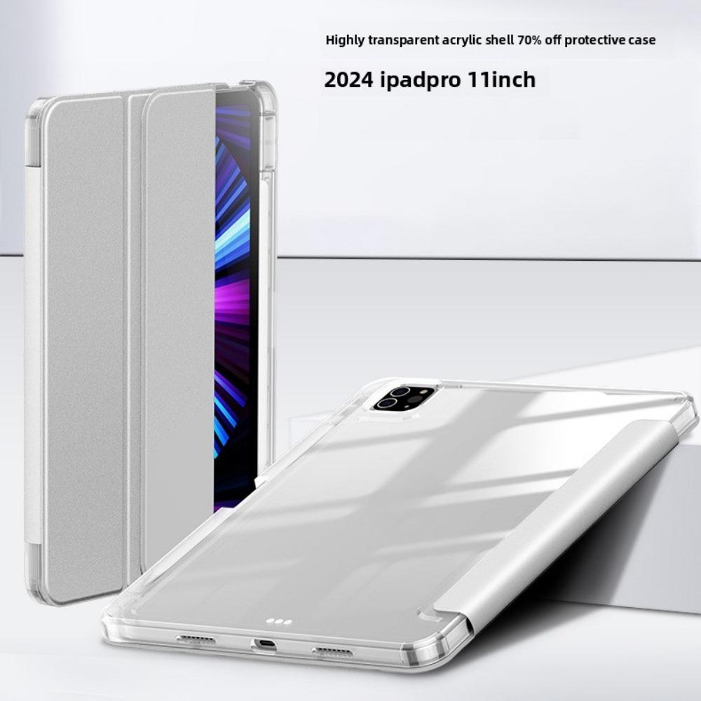 For iPad Air 11 Inch Clear Acrylic Case with Pencil Holder 3 Fold Cover Sleep Wake Anti Drop Leather Protective Case