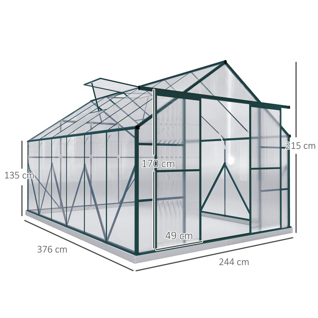 8 x 12ft Aluminium Greenhouse Polycarbonate Walk-in Garden Greenhouse Kit with Adjustable Roof Vent, Double Sliding Door, Rain Gutter and Foundation