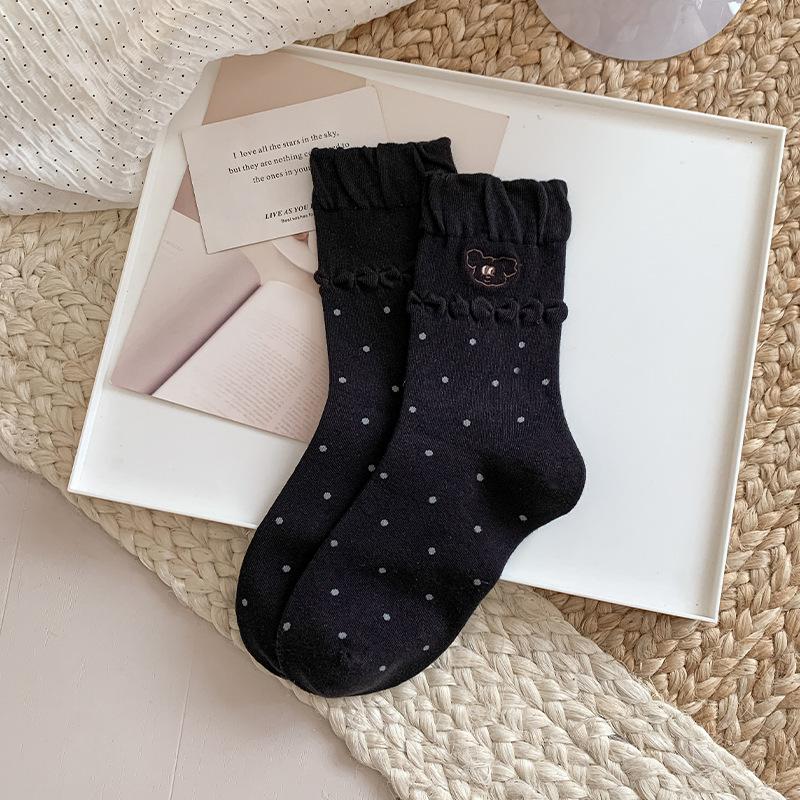 Embroidered Bear Socks, Girls' Autumn Cartoon Cute Mid-calf Socks, Bubble Mouth Polka Dot Socks, Boneless Pile Socks