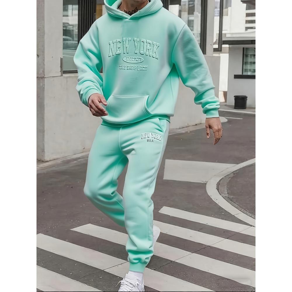 Men's Autumn and Winter Casual Fashion Two-piece Set, Hooded Long Sleeved Sweatshirt and Pants with New York Embossed Print
