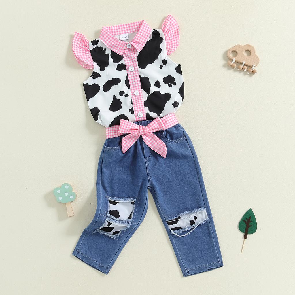 Baby Girl 2Pcs Western Outfits Fly Sleeve Cow Print Shirt + Denim Pants Set Toddler Clothes