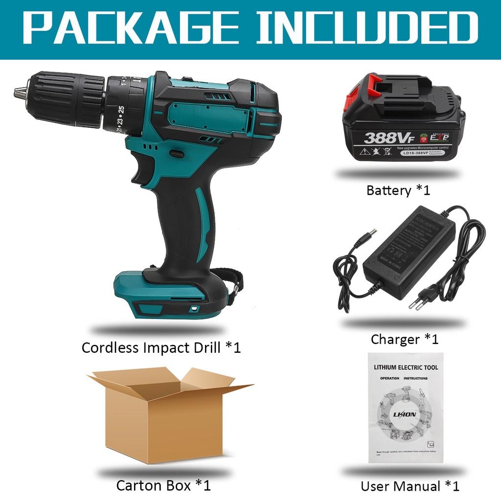 Elektryczny Akumulatorowy Bezszczotkowy Wiertarko-Wkrętarka Udarowa DIY Narzędzie Elektryczne Wiertarka Udarowa Akumulatorowa 25+3 Moment Obrotowy Wiertarka do Lodu 3 W 1 13mm 1500W