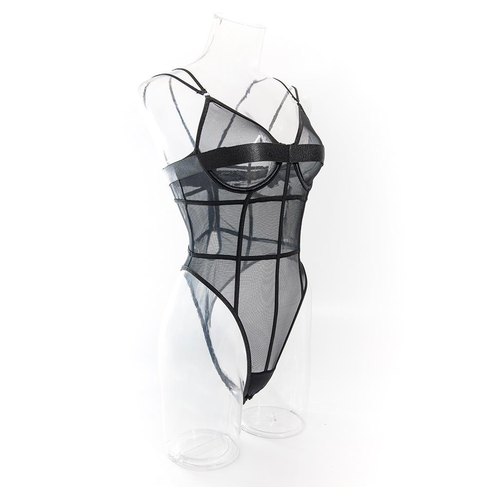 European and American Style Sexy Women's Bodysuit Set: Mesh See-Through, Deep V, Double Spaghetti Straps, Solid Color.