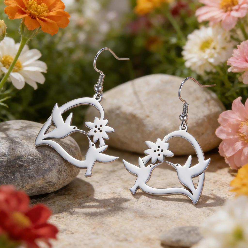 Lucktune Hummingbird Birds Flower Drop Earrings Women's Stainless Steel Earrings Fashion Animal Jewelry Party Birthday Gifts