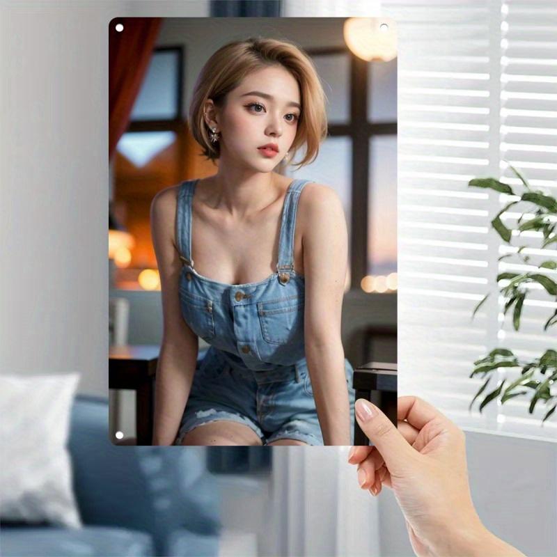 Vintage Metal Wall Sign Art, Rustic Retro Korean Woman Blue Outfit Advertising Plate for Home Decor