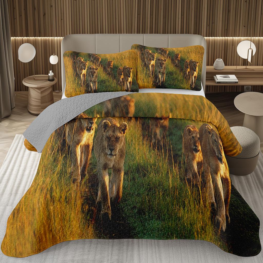 Lion Bedspread Twin King Safari Wild Aninal Coverlet Western Farmstyle Quilt Set Soft Luxury Reversible Grey Quilted Bedding Set