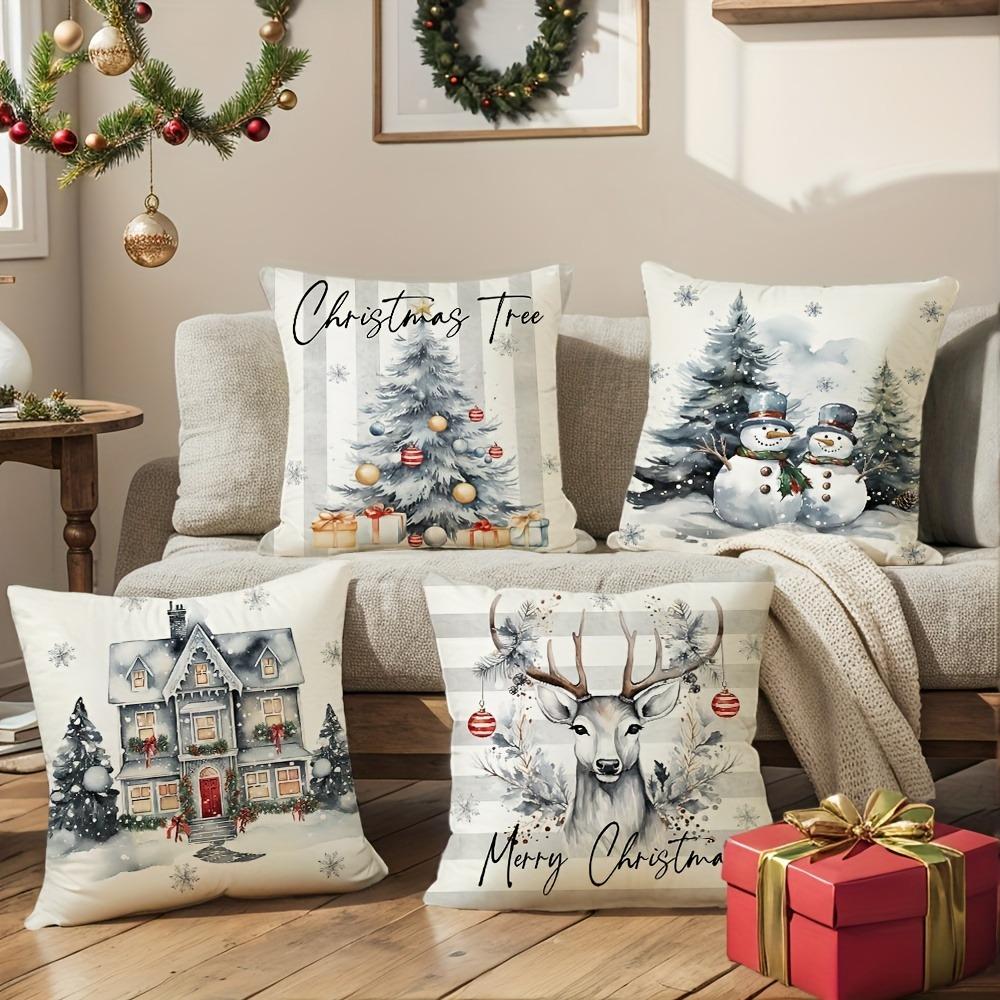Festive Christmas Pillows: House, Tree, Deer, and Snowmen Designs Sofa Bed Cushion Cover, New Year Home Decoration