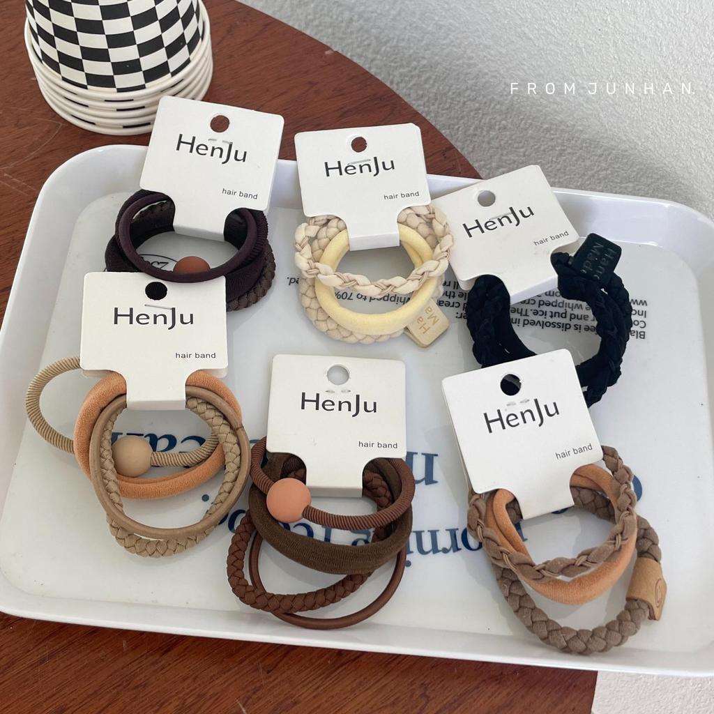 Milk Tea Color Hair Tie Set: New Style, High Elasticity Rubber Bands with Leather Cover for Girls