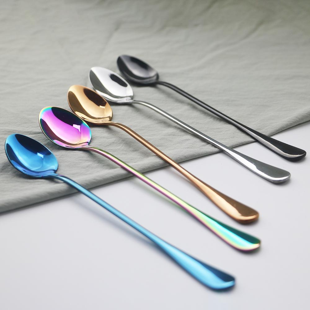 4Pc Black Long Handle Spoon Cutlery Set Stainless Steel Dinnerware Dessert Ice Cream Coffee Spoon Stirring Spoon Party Tableware
