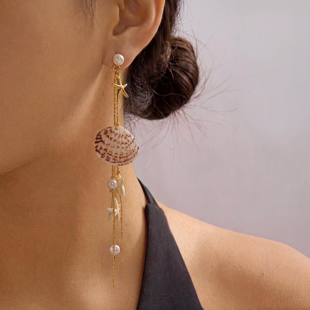 Boho Shell Long Tassel Drop Earrings for Women Summer Beach Starfish Conch Dangle Earring Trendy Holiday Party Jewelry Gift