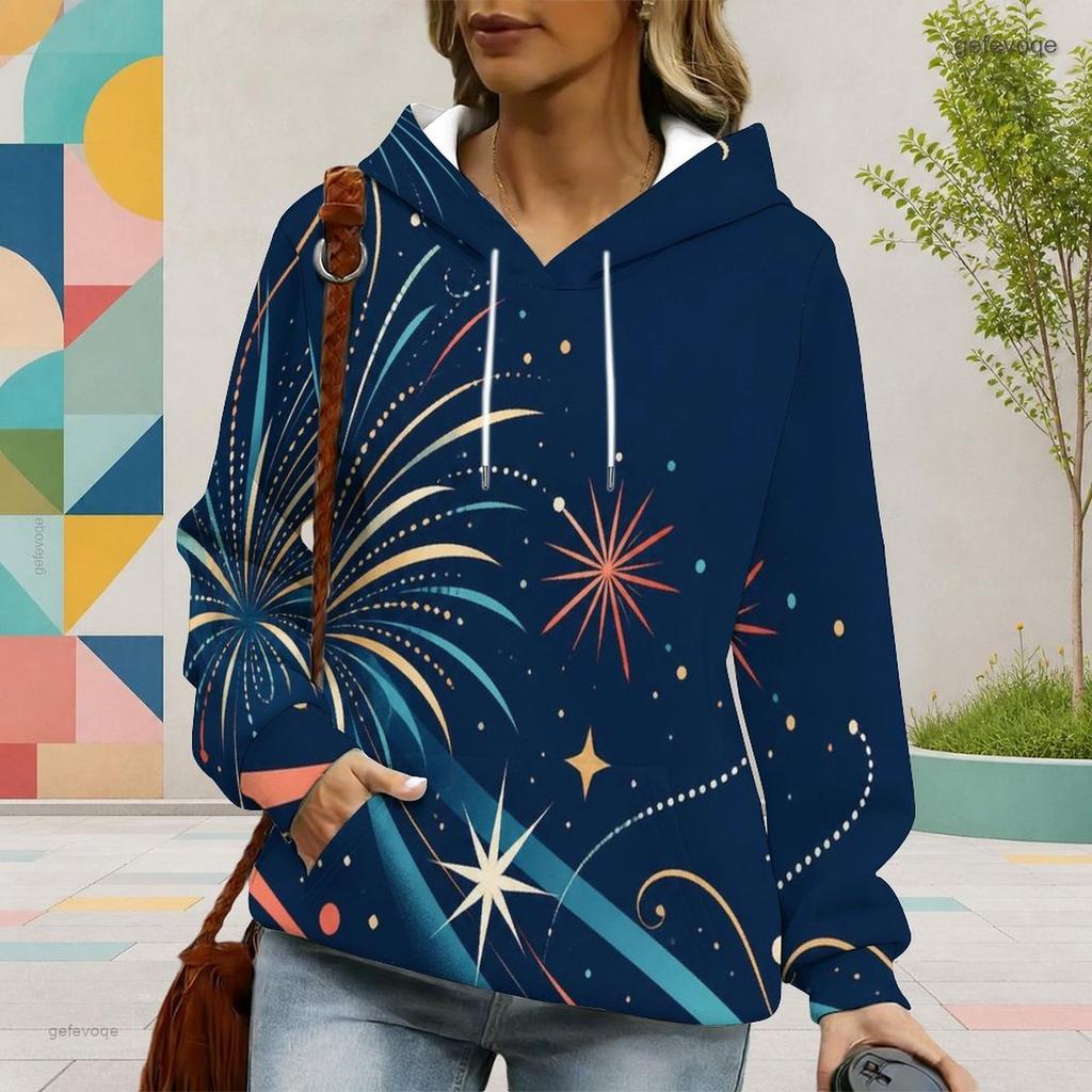 Women Plus Size Blue Star Printed Long Sleeve Drawstring Hood Pullover Hoodie With Kangaroo Pocket