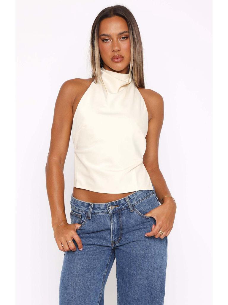 Spring 2025 European & American Style Satin Backless Top - Women's Streetwear