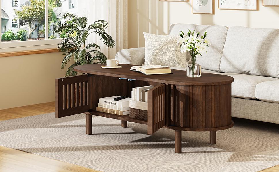 Coffee Table 100×40×38cm, MDF, Oval Living Room Table, 2 Slatted Doors & Roller Door, Solid Wood Legs, Up To 30kg Load Capacity, Walnut Wood Color