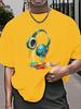 T-shirt Estiva da Uomo 100% Cotone Casual Taglia Larga con Stampa Motivo Cuffie Sportiva Comoda Girocollo Manica Corta Top
