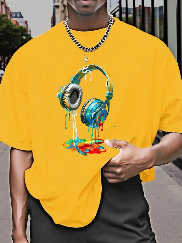 

Summer Men s 100% Cotton Casual Loose Size Earphone Pattern Printed Sports Comfortable Round Neck Short Sleeve T-shirt Top 5XL різнокольоровий