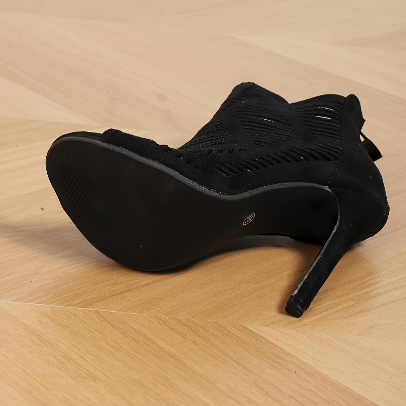 Women's Black Stiletto Heeled Sandals with Peep Toe and Laser-Cut Fishnet Design  High Heel Rubber Sole Dress Boots for All Seasons, High Heel Sandals