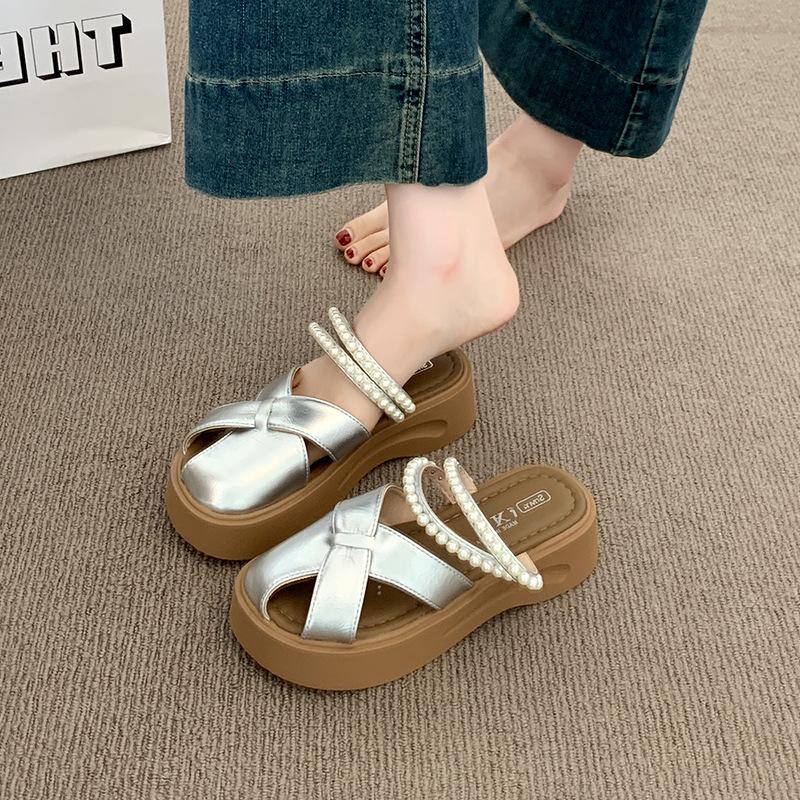 High-end Silver Two-wear Hollow Bag Head Half Slippers Women's 2025 Summer Wear with Skirt Pearl One-pedal Slippers