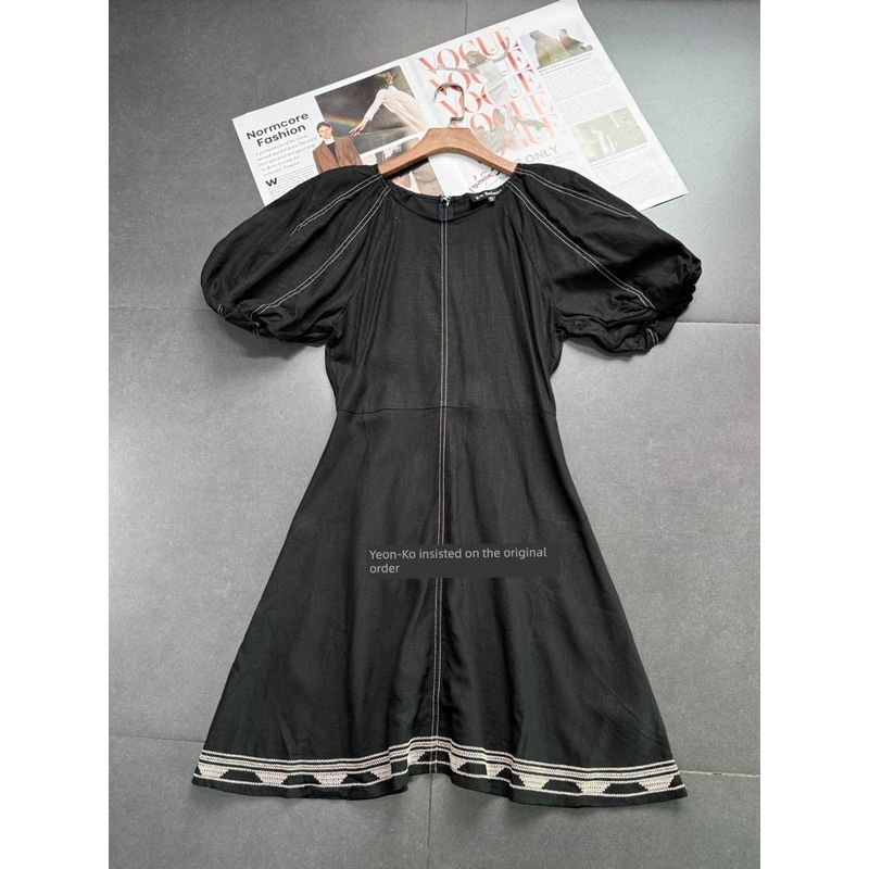 

Foreign Trade Order En S @ ISON Cotton and Linen Quality Palace Style Waist Hugging Elegant Advanced Embroidery Black Dress Slimming Black cotton linen skirt M