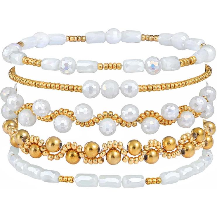 Dainty Gold Plated Pearl Crystal Beaded Bracelets Set for Women 14K Gold Plated Bead Pearl Beads Bracelet Stackable Paperclip Link Chain Bracelets