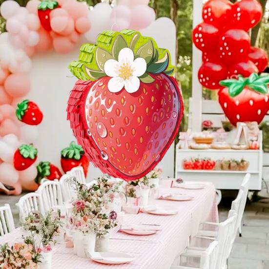 Strawberry Pinata Red Berry Pinata with Blindfold Bat Confetti Summer Fruit Themed Birthday Party Decoration for Kids Baby Shower Supplies