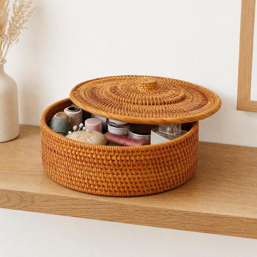 Handwoven Rattan Storage Container Rustic for Living Room