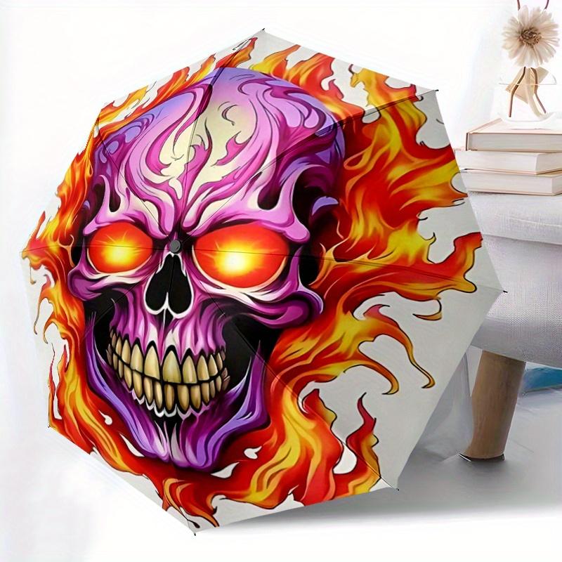 1pc Flaming Skull Pattern Umbrella, Fashionable, Personalized, High-Value Folding Umbrella, a Must-Have for Summer, 8-Rib Durable Iron Frame, Tri