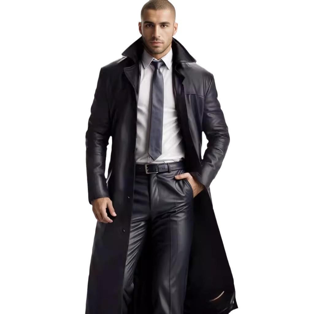 2024 Men's Extended Length PU Leather Jacket with Suit Collar - Casual Spring Fashion