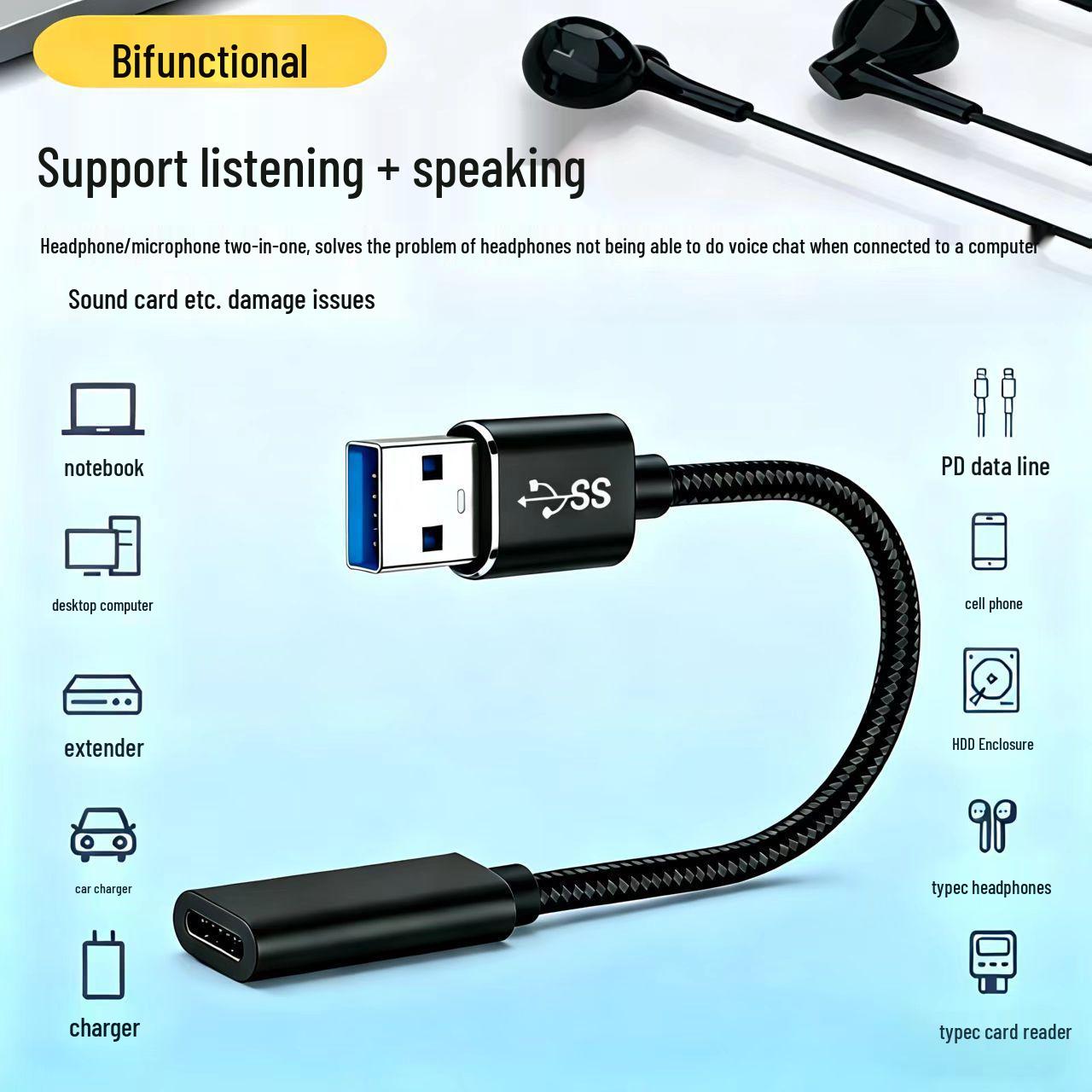 

Gold-Plated USB-A to Type-C Adapter Cable - OTG Converter for Phones & Computers Black Braided Network [0.18M]