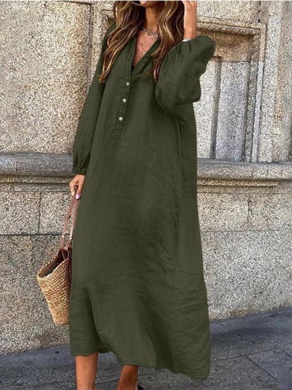 Versatile V-Neck Midi Dress: Cotton Linen, Long-Sleeve, Plus Size, Loose Fit