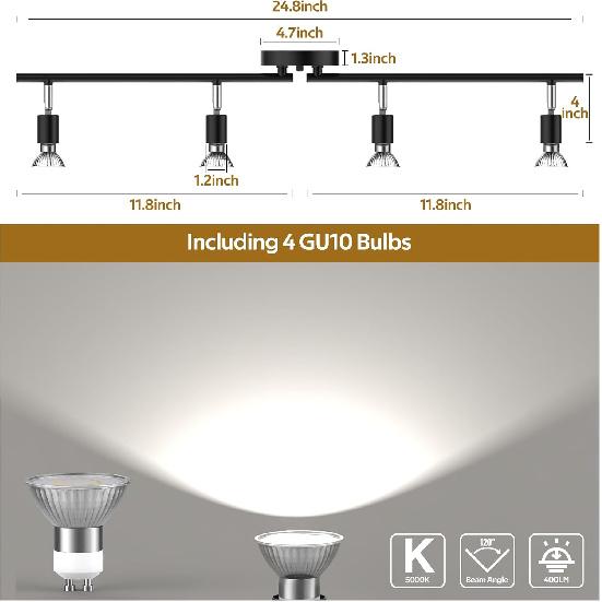 HURYEE Track Lights Ceiling, Black 4 Way Light Fixtures for Kitchen Hallway Bedroom Gallery Fixture Directional Accent Lamp Include 4 Bulbs (4W,